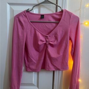 SHEIN Pink Long Sleeve Crop Blouse with Tie Front